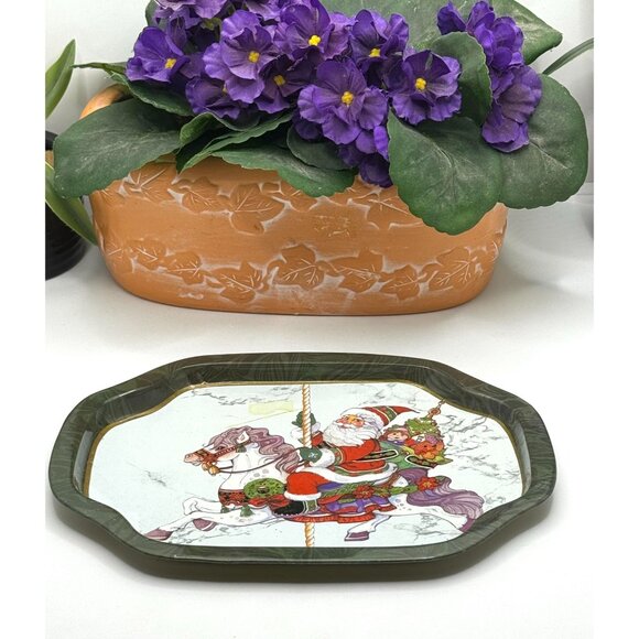 Santa Claus Carousel Horse Decorative Metal Tray With Green Marble-Like Edge - Picture 2 of 4